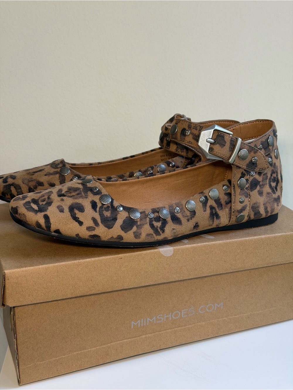 Mi.iM Leopard-Print Tan Studded Mary Jane Flats